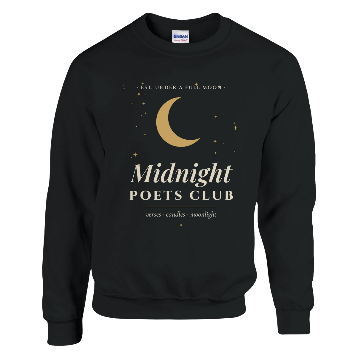 Midnight Poets Club sweatshirt, witchy dark academia crewneck with gold moon crest – view 2