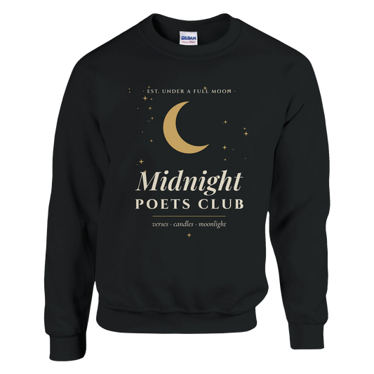 Midnight Poets Club sweatshirt, witchy dark academia crewneck with gold moon crest – view 2