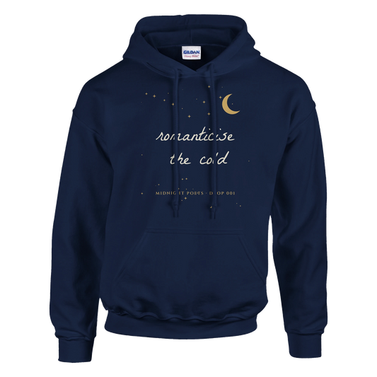 Romanticise the cold hoodie, aesthetic handwritten poetry hoodie with gold moon