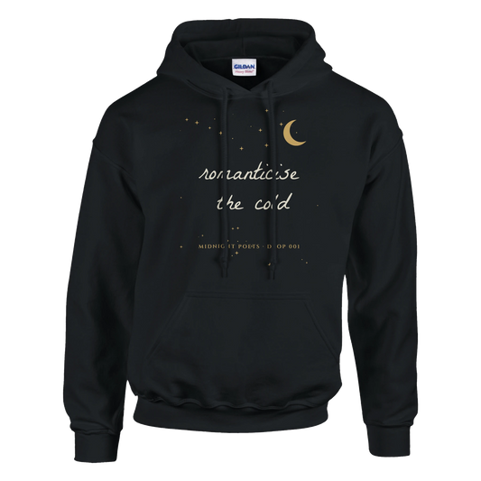 Romanticise the cold hoodie, aesthetic handwritten poetry hoodie with gold moon – view 2