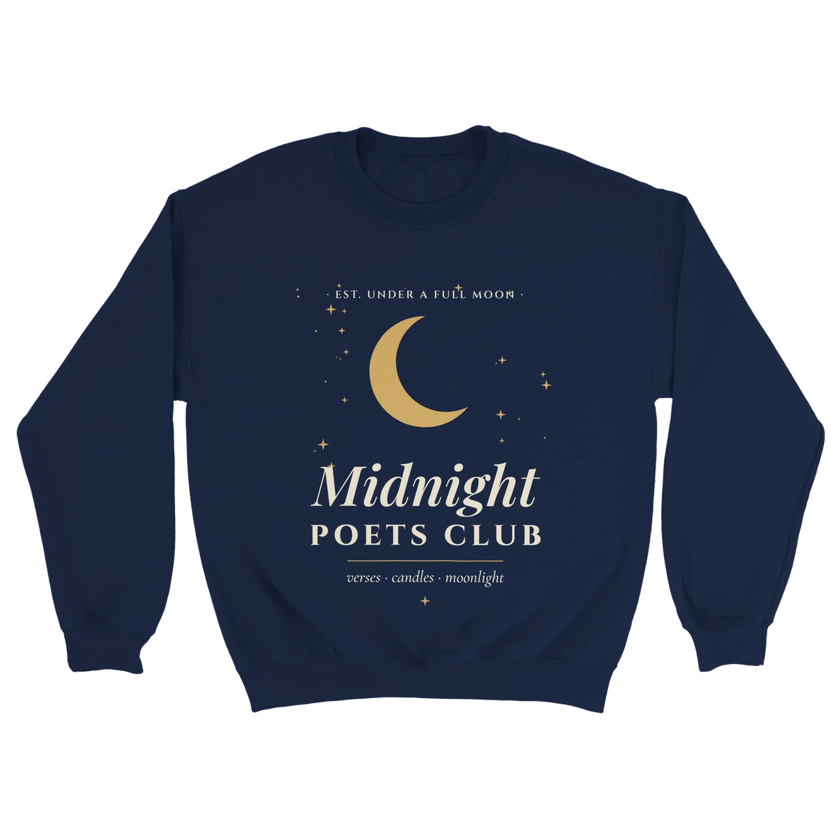 Midnight Poets Club sweatshirt, witchy dark academia crewneck with gold moon crest – view 3