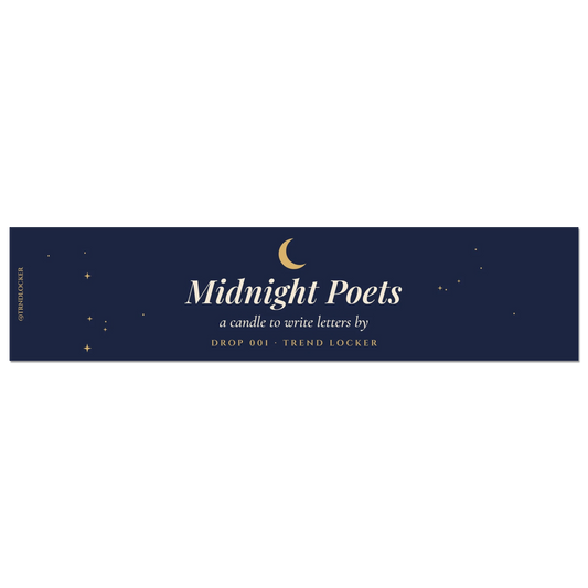 Midnight Poets soy candle with crescent moon label, witchy candle gift