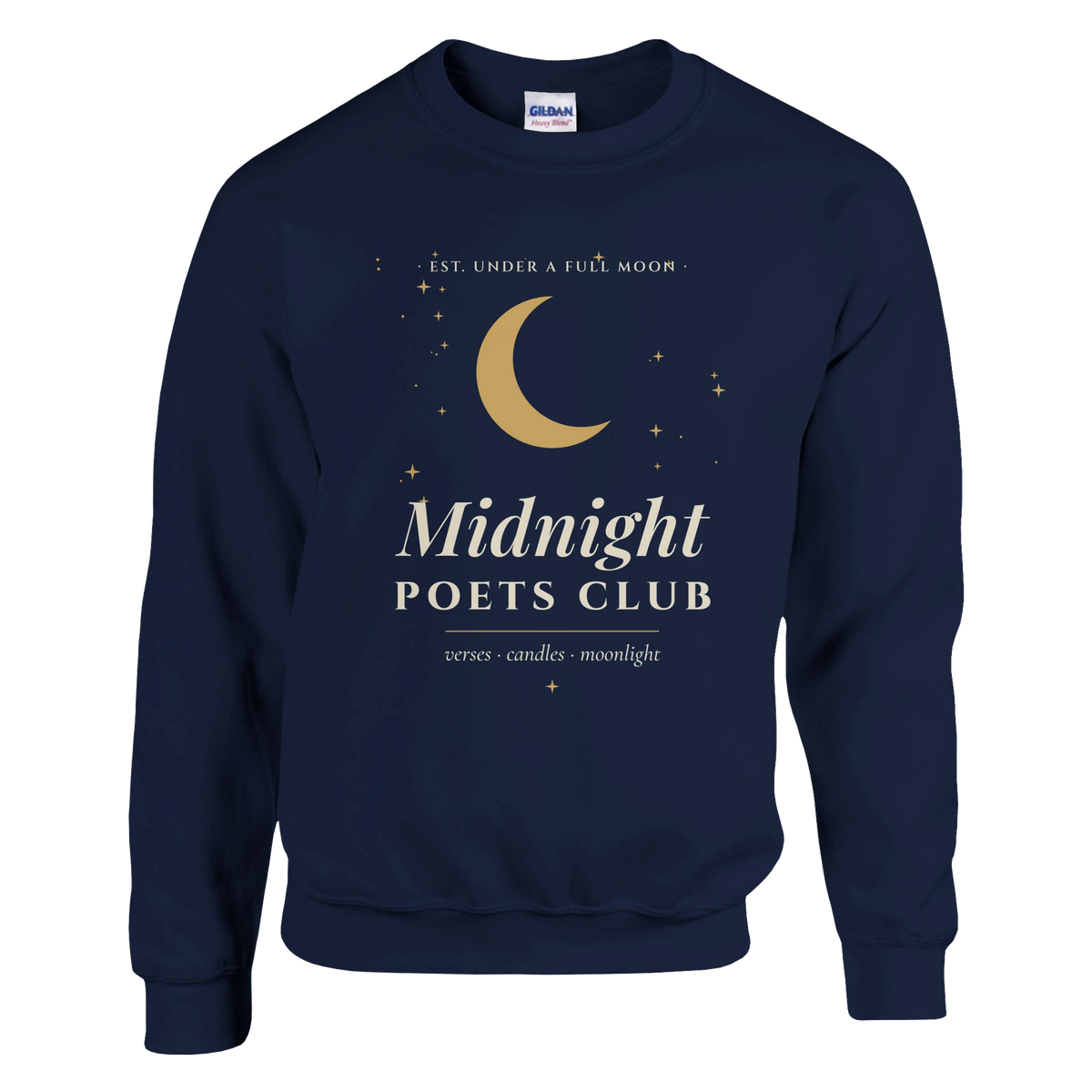 Midnight Poets Club sweatshirt, witchy dark academia crewneck with gold moon crest