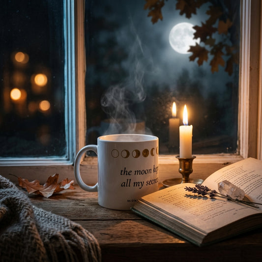 The Moon Kept All My Secrets mug of steaming tea on a moonlit windowsill with candle and poetry book