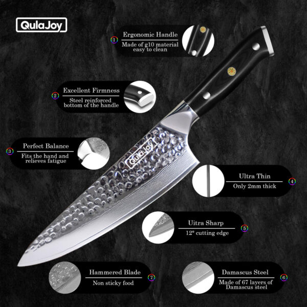 Qulajoy Chef Knife 8 Inch,Professional Japanese VG-10 Damascus 67 Layer Blade,Ultra Sharp Hammered Master Chefs Knife,Ergonomic G10 Handle,Triple Rivet And Full Tang - Image 6