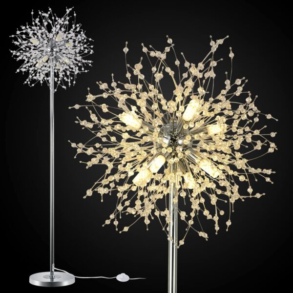 Bedroom Crystal Floor Lamp,,69 Inch High Pole Lamp,Modern Room Decorative Floor Lamp,Includes 32 Fireworks Crystal Suspenders, Chrome Finish Unavailable Platforms- Welfel - Image 6